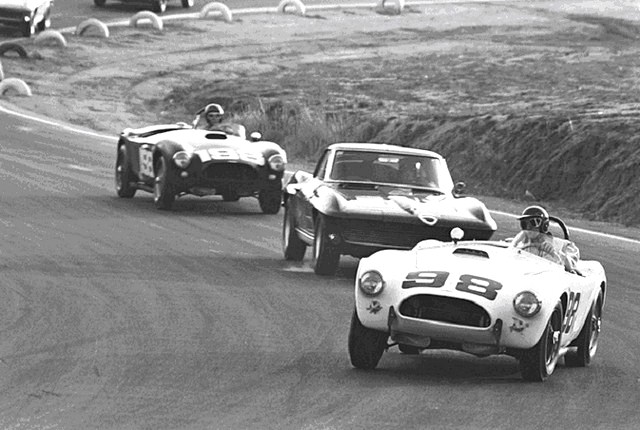 Dave MacDonald races the Carroll Shelby Cobra 260ci to its first ever win at Riverside International Raceway